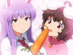  2girls :3 ahoge animal_ears bangs between_breasts breasts brown_hair carrot commentary dress eyebrows_visible_through_hair inaba_tewi large_breasts long_hair looking_at_viewer multiple_girls necktie phallic_symbol pink_dress purple_hair rabbit_ears red_eyes red_necktie reisen_udongein_inaba sexually_suggestive shirosato shirt short_hair smile tongue tongue_out touhou white_shirt 