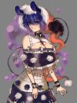  1girl animal_ears bdsm black_nails blue_eyes blue_hair bondage bound breasts chain chain_necklace chained_wrists cleavage collar doremy_sweet eyebrows_visible_through_hair eyelashes hat highres large_breasts looking_at_viewer pom_pom_(clothes) santa_hat short_hair simple_background skirt smile solo tail touhou yuuren_kyouko 