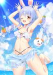  &gt;_&lt; 1girl :d ;d animal_ears armpits arms_up bangs bare_shoulders barefoot bikini black_bikini blue_sky bow bracelet braid breasts bunny_pose carrot_hair_ornament cleavage cloud cloudy_sky collarbone commentary_request eyebrows_visible_through_hair eyes_visible_through_hair food-themed_hair_ornament hair_between_eyes hair_bow hair_ornament hair_ribbon highres hololive horizon jewelry long_hair looking_at_viewer low-tied_long_hair low_twintails navel nousagi_(usada_pekora) ocean one_eye_closed open_mouth orange_eyes rabbit_ears ribbon shinko_gunsei sidelocks silver_hair sky small_breasts smile spaghetti_strap standing standing_on_one_leg stomach sun sunlight swimsuit twin_braids twintails usada_pekora virtual_youtuber xd 