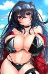  1girl aruto_(shake_onigiri) azur_lane bangs bikini black_bikini black_choker black_hair breasts choker cleavage cowboy_shot crossed_bangs eyewear_on_head highleg highleg_bikini highres jacket large_breasts long_hair multi-strapped_bikini multiple_straps official_alternate_costume one_side_up race_queen red_eyes red_jacket solo swimsuit taihou_(azur_lane) taihou_(enraptured_companion)_(azur_lane) 