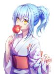  1other :d bangs blue_hair candy_apple eyebrows_visible_through_hair food hair_between_eyes highres japanese_clothes kimono kotorimyuu long_hair long_sleeves open_mouth ponytail rimuru_tempest simple_background smile solo standing tensei_shitara_slime_datta_ken tied_hair upper_body white_background white_kimono wide_sleeves yellow_eyes 