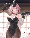  1girl animal_ears areola_slip areolae ass_visible_through_thighs bangs bare_shoulders black_bow black_bowtie black_legwear black_leotard blue_eyes blush bow bowtie breasts cleavage covered_navel detached_collar elbow_gloves eyebrows_visible_through_hair fake_animal_ears glasses gloves hand_on_hip highleg highleg_leotard highres indoors kine-c large_breasts leotard looking_at_viewer original pantyhose petals pink_hair playboy_bunny rabbit_ears short_hair solo standing strapless strapless_leotard thighband_pantyhose tray white_gloves window wrist_cuffs 