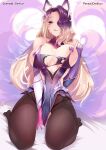  1girl ahri_(league_of_legends) animal_ears black_legwear breasts clothes_pull darklux dress_pull fox_ears fox_girl fox_tail hair_over_one_eye heart heart_print highres kneeling large_breasts league_of_legends leotard leotard_pull licking_lips looking_at_viewer md5_mismatch naughty_face one_eye_covered pantyhose pasties tail tearing_clothes tongue tongue_out torn_clothes torn_legwear 