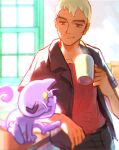  1boy absurdres belt black_shirt commentary_request cup highres holding holding_cup indoors male_focus meipu_hm meowth nanu_(pokemon) pants pokemon pokemon_(creature) pokemon_(game) pokemon_sm red_eyes shirt short_sleeves smile white_hair 