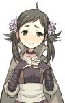  1girl ahoge bangs blush brown_eyes brown_hair choker closed_mouth fire_emblem fire_emblem_fates flower freckles hair_flower hair_ornament hand_on_own_chest hetano_yoko_sukii looking_at_viewer medium_hair mozu_(fire_emblem) upper_body 