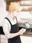  1boy 2vxzlkj23ogfsf ace_of_diamond apron bangs black_apron blonde_hair blue_eyes blurry blurry_background closed_mouth cup highres holding holding_cup holding_teapot male_focus okumura_koushuu shirt short_hair sleeves_rolled_up solo teapot tied_hair white_shirt 