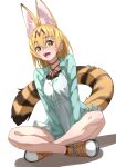  1girl :d alternate_costume animal_ear_fluff animal_ears aqua_jacket bangs blonde_hair casual commentary dress extra_ears eyebrows_visible_through_hair full_body hair_between_eyes highres indian_style jacket kemono_friends looking_at_viewer open_mouth orange_eyes serval_(kemono_friends) shoes simple_background sitting smile solo tail tanabe_(fueisei) white_background white_dress 