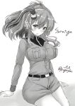  1girl artist_logo breasts character_name commentary_request cosplay cosplay_request greyscale gundam hair_between_eyes headset highres kantai_collection kuga_zankurou large_breasts microphone military military_uniform mobile_suit_gundam monochrome ponytail saratoga_(kancolle) side_ponytail sidelocks sitting smokestack smokestack_hair_ornament solo twitter_username uniform 