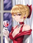  1girl bare_shoulders blonde_hair breasts cleavage collarbone commentary_request cup curtains dress drinking_glass earrings gloves granblue_fantasy hair_between_eyes hair_bun hair_ornament hair_up highres holding holding_cup jewelry large_breasts looking_at_viewer nabeji_(wata_nb) official_alternate_costume official_alternate_hairstyle red_dress red_eyes red_wine smile solo upper_body vira_(granblue_fantasy) white_gloves window wine_glass 