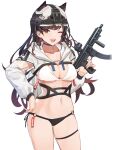  1girl ;d alternate_costume animal_ears atago_(azur_lane) azur_lane bangs bikini black_bikini black_choker black_hair breasts brown_eyes choker cleavage commentary cowboy_shot dog_ears dolphenry extra_ears eyebrows_visible_through_hair floating_hair gun hand_on_hip hat holding holding_gun holding_weapon hood hood_down long_hair long_sleeves looking_at_viewer medium_breasts military_hat mismatched_bikini mole mole_under_eye navel o-ring o-ring_bikini one_eye_closed open_mouth shrug_(clothing) sidelocks sig_sauer sig_sauer_mpx simple_background skindentation smile solo standing stomach submachine_gun swept_bangs swimsuit teeth thigh_strap underboob upper_teeth weapon white_background white_bikini white_sleeves 