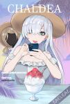  1girl anastasia_(fate) anastasia_(swimsuit_archer)_(fate) cellphone commentary doll dress english_commentary fate/grand_order fate_(series) fingernails hair_over_one_eye hat highres jaheterbang long_hair phone shaved_ice silver_hair smartphone spoon straw_hat sundress taking_picture twilight viy_(fate) 