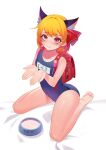  1girl animal_ears backpack bag blonde_hair blue_swimsuit bowl cat_ears collarbone commentary covered_navel flat_chest hair_ribbon highres korean_text navel palms recare red_eyes red_ribbon ribbon rumia school_swimsuit short_hair simple_background solo swimsuit tears touhou translated white_background 