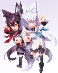  2girls \n/ ahoge animal_ear_fluff animal_ears anywhere_knock aqua_eyes bangs black_footwear black_hair black_legwear black_shirt black_shorts blue_neckerchief boots braid breasts commentary dark_persona detached_sleeves double_\n/ fox_ears fox_girl fox_tail full_body gradient gradient_background hair_between_eyes highres hololive hood hood_down kurokami_fubuki long_hair long_sleeves looking_at_viewer medium_breasts multiple_girls neckerchief open_mouth outstretched_arm red_eyes red_neckerchief shirakami_fubuki shirt shorts standing standing_on_one_leg tail thighhighs very_long_hair virtual_youtuber white_hair white_shirt 