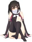  1girl asymmetrical_legwear black_gloves black_hair black_neckerchief blush breasts brown_eyes crossed_legs dildo_reveal elbow_gloves eyebrows_visible_through_hair feet fingerless_gloves fishnets gloves hair_between_eyes hair_ornament highres kantai_collection kneehighs masturbation neckerchief nose_blush remodel_(kantai_collection) scarf sendai_(kancolle) simple_background single_kneehigh single_thighhigh sitting sleeveless solo stealth_masturbation takaman_(gaffe) thighhighs two_side_up white_background white_scarf 