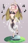  1girl absurdres alternate_costume armlet arms_up artist_name bare_shoulders blush braid breasts bridal_gauntlets cleavage closed_mouth dancer dancing fire_emblem fire_emblem_awakening fire_emblem_heroes full_body grass grey_background hairband highres long_hair medium_breasts midriff musical_note navel official_alternate_costume olivia_(fire_emblem) pelvic_curtain pink_eyes pink_hair ponytail rock sarukaiwolf side_braid simple_background smile solo sparkle standing standing_on_one_leg twin_braids underboob 