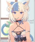  1girl animal_ear_fluff animal_ears artist_name bangs blue_bow blue_eyes blunt_bangs bow breasts brushing_teeth cleavage commentary double_bun english_commentary english_text eyebrows_visible_through_hair flower hair_flower hair_ornament hairclip holding holding_with_tail ichiroku_(sakumogu-029) indie_virtual_youtuber long_hair looking_at_viewer mirror multicolored_hair pink_hair prehensile_tail seanvr streaked_hair tail thank_you too_many toothbrush_in_mouth virtual_youtuber vrchat white_hair 