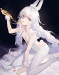  +_+ 1girl animal_ear_fluff animal_ears arm_up azur_lane bare_shoulders bed_sheet between_legs black_background blue_eyes braid breasts cheese cheese_trail commentary eating fake_animal_ears fake_tail food food_on_clothes hand_between_legs high_heels highres holding holding_food kneeling kuroduki_(pieat) le_malin_(azur_lane) le_malin_(listless_lapin)_(azur_lane) leotard long_hair looking_at_viewer official_alternate_costume on_bed pantyhose pizza rabbit_ears rabbit_tail shoes shoes_removed silver_hair simple_background small_breasts solo tail twin_braids very_long_hair white_footwear white_legwear white_leotard wrist_cuffs 