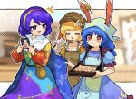  3girls ^^^ animal_ears animal_print apron bangs blonde_hair blue_dress blue_hair blue_headwear brown_bag brown_headwear bunny_print cabbie_hat cape cape_grab card closed_eyes commentary crescent crying crying_with_eyes_open dango dress earclip ears_through_headwear food hairband hat head_scarf highres holding howhow_notei long_hair long_sleeves medium_hair multicolored_clothes multicolored_dress multiple_girls open_mouth pouch puffy_short_sleeves puffy_sleeves purple_eyes purple_hair rabbit_ears rainbow_gradient red_eyes ringo_(touhou) seiran_(touhou) short_sleeves sky_print smile star_(symbol) star_print tears tenkyuu_chimata touhou tray two-sided_cape two-sided_fabric wagashi white_cape yellow_dress 