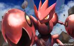  blurry cloud commentary_request day keinesandayoooo legs_apart no_humans orange_eyes outdoors pokemon pokemon_(creature) rock scizor shiny sky solo 