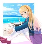  1girl bangs beach blonde_hair blue_jacket blue_sky blunt_bangs branch brown_footwear cloud commentary_request green_eyes hairband heanna_sumire highres jacket light_blush loafers long_sleeves looking_at_viewer love_live! love_live!_superstar!! mountain netsuka ocean on_ground orange_hairband parted_lips school_uniform shoes sitting sky solo thighhighs yuigaoka_school_uniform zettai_ryouiki 