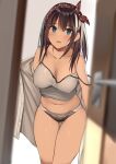  1girl ass_visible_through_thighs bare_shoulders blue_eyes breasts brown_hair camisole cleavage collarbone covered_nipples cowboy_shot crop_top grey_panties hair_ribbon jacket kureha_(ironika) large_breasts long_hair looking_at_viewer navel no_bra no_pants off_shoulder open_clothes open_jacket open_mouth original panties ribbon shirt sleeveless sleeveless_shirt solo spaghetti_strap stomach strap_slip thigh_gap thighs tsubasa_(kureha) underwear white_jacket white_shirt 