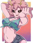  1girl absurdres arm_behind_back armpits arms_up ashido_mina black_sclera boku_no_hero_academia breasts cleavage colored_sclera colored_skin denim denim_shorts eyebrows_visible_through_hair gokuu_(acoloredpencil) highres horns looking_at_viewer medium_breasts medium_hair navel open_mouth orange_eyes outstretched_arm pink_hair pink_skin pointing pointing_at_viewer short_shorts shorts smile solo stomach tank_top 