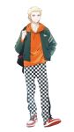  1boy ace_of_diamond backpack bag black_pants blonde_hair blue_eyes checkered_pants closed_mouth full_body green_jacket highres hood hood_down hoodie jacket lack_o looking_at_viewer male_focus narumiya_mei nike open_clothes open_jacket orange_hoodie pants plaid plaid_pants red_footwear shirt shoes short_hair sneakers solo two-tone_pants white_background white_pants white_shirt 