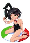  1girl animal_ears bare_legs black_hair black_leotard bow bowtie detached_collar dress fake_animal_ears green_eyes high_heels highres kantai_collection leotard nassukun playboy_bunny rabbit_ears red_bow red_bowtie red_footwear sailor_dress scirocco_(kancolle) short_hair solo strapless strapless_leotard two_side_up 