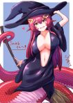  1girl black_dress blush breasts broom cleavage collarbone commission dress fang fingernails hair_ornament halloween_costume hat heart highres lamia large_breasts long_hair looking_at_viewer midriff miia_(monster_musume) monster_girl monster_musume_no_iru_nichijou navel open_mouth plunging_neckline pointy_ears red_hair scales shiny shiny_hair shiny_skin simple_background skeb_commission slit_pupils solo togenomaru witch witch_hat yellow_eyes 
