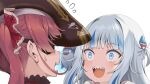  2girls bangs black_eyepatch black_headwear bloop_(gawr_gura) blue_eyes blue_hair blunt_bangs crazy_smile eyebrows_visible_through_hair eyepatch gawr_gura hair_ornament hair_ribbon hat hololive hololive_english houshou_marine kubota_masaki looking_at_viewer multicolored_hair multiple_girls open_mouth pirate_hat red_hair red_ribbon ribbon sharp_teeth simple_background sweatdrop teeth two-tone_hair upper_body upper_teeth virtual_youtuber white_background white_hair 