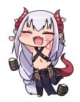  1girl :d beer_mug black_legwear chibi closed_eyes cup facing_viewer fang full_body hands_up heart horns ibuki_notsu melusine_(ibuki_notsu) mug navel open_mouth original simple_background skin_fang sling_bikini_top smile solo standing standing_on_one_leg tail thighhighs white_background 