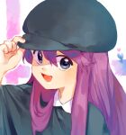  1girl black_eyes black_headwear hand_on_headwear hand_up hat heart kuizhi_(the_legend_of_luoxiaohei) long_hair looking_at_viewer nyanmu1 open_mouth purple_hair smile solo the_legend_of_luo_xiaohei upper_body 