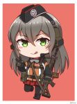  1girl :q absurdres assault_rifle bangs black_footwear black_gloves black_headwear black_legwear blush_stickers boots brown_background chibi closed_mouth commentary_request cross-laced_footwear ear_protection eyebrows_visible_through_hair full_body garrison_cap girls&#039;_frontline gloves goggles goggles_around_neck green_eyes grey_hair gun hair_between_eyes hand_up hat highres holding holding_gun holding_weapon jacket lace-up_boots long_hair long_sleeves looking_at_viewer ndtwofives object_namesake pantyhose pleated_skirt red_skirt rifle sig_500_(girls&#039;_frontline)_(ndtwofives) sig_550 sig_sauer simple_background skirt smile solo standing tongue tongue_out v very_long_hair weapon 