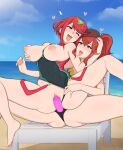  2girls afrobull after_kiss anna_(fire_emblem) aroused ass_visible_through_thighs bare_shoulders barefoot beach blush breast_grab breasts breasts_outside clitoral_hood clothes_pull clothing_aside commission dildo eyebrows_visible_through_hair fire_emblem fire_emblem_warriors grabbing hat heart highres large_breasts looking_at_another motion_lines multiple_girls nipples object_insertion one-piece_swimsuit open_mouth ponytail pussy pussy_juice pyra_(xenoblade) red_eyes red_hair saliva saliva_trail sex_toy short_hair spread_legs strap-on sweat sweatdrop swimsuit swimsuit_aside swimsuit_pull tongue tongue_out vaginal vaginal_object_insertion xenoblade_chronicles_(series) xenoblade_chronicles_2 yuri 