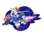  beam_rifle chibi energy_gun english_commentary evan_palmer gun gundam highres holding holding_gun holding_weapon looking_at_viewer mecha nise_gundam no_humans one-eyed science_fiction sd_command_chronicles sd_gundam shield solo space v v-fin weapon 