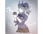  1girl alternate_costume arknights artist_name bangs black_skirt blowing blunt_bangs brown_eyes coffee_mug commentary_request cowboy_shot cup dated dragon_horns eyebrows_visible_through_hair grey_sweater holding holding_cup horns liskarm_(arknights) long_sleeves mug pleated_skirt ryoma_(rym_369) short_hair short_ponytail sidelocks silver_hair skirt solo steam sweater twitter_username watch wristwatch 