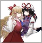  2girls :/ alternate_costume alternate_hairstyle arm_up ascot bangs black_hair blonde_hair blue_ascot blush bow breasts brown_eyes cosplay costume_switch detached_sleeves eyebrows_visible_through_hair flat_chest frilled_shirt_collar frills gap_(touhou) grin hair_bow hair_ribbon hakurei_reimu hakurei_reimu_(cosplay) hat large_breasts long_hair long_sleeves looking_at_viewer medium_hair mob_cap multiple_girls nontraditional_miko one_eye_closed red_bow red_ribbon ribbon simple_background smile standing sweatdrop t20210325 tabard touhou tress_ribbon upper_body white_background wide_sleeves yakumo_yukari yakumo_yukari_(cosplay) yellow_eyes 