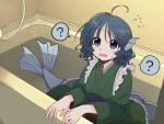  1girl ? ahoge bathtub blue_eyes blue_hair confused frilled_kimono frills green_kimono head_fins highres indoors japanese_clothes kimono long_sleeves mermaid monster_girl obi one-hour_drawing_challenge open_mouth partially_submerged purple_sash sash short_hair solo spoken_question_mark sweat tail touhou wakasagihime wavy_hair wavy_mouth wide_sleeves ya_(inkokatte) 