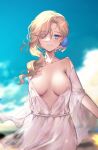  1girl absurdres areola_slip areolae asymmetrical_hair azur_lane bare_shoulders blonde_hair blue_eyes blue_flower blue_sky blurry blurry_background blush breasts cleavage cowboy_shot day depth_of_field dress flower groin hair_flower hair_ornament hair_over_one_eye highres hood_(azur_lane) large_breasts long_hair looking_at_viewer moonlgnance no_bra no_panties off_shoulder open_clothes open_dress outdoors parted_lips see-through sky smile solo sundress white_dress 