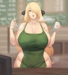  1girl apron areola_slip areolae bare_shoulders barista blonde_hair blurry blurry_background blush breasts commentary covered_nipples cup curvy cynthia_(pokemon) disposable_cup gigantic_breasts green_apron hair_ornament hair_over_one_eye highres holding holding_cup iced_latte_with_breast_milk_(meme) looking_at_viewer meme metal_owl_(aden12) naked_apron pen plump pokemon pokemon_(game) pokemon_dppt sideboob solo wide_hips 