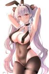  1girl animal_ears arms_behind_head ass_visible_through_thighs azur_lane between_breasts black_legwear black_leotard breast_curtains breasts cameltoe cosplay covered_navel covered_nipples crotchless crotchless_pantyhose fake_animal_ears fake_tail fang_huu_(funfox) formidable_(azur_lane) frills highres large_breasts le_malin_(azur_lane) le_malin_(azur_lane)_(cosplay) le_malin_(listless_lapin)_(azur_lane) le_malin_(listless_lapin)_(azur_lane)_(cosplay) leotard looking_at_viewer necktie necktie_between_breasts official_alternate_costume pantyhose playboy_bunny rabbit_ears rabbit_tail red_eyes simple_background solo tail thigh_gap thigh_strap twintails white_background white_necktie 
