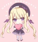  1girl bangs belt black_bow black_footwear black_headwear black_skirt blonde_hair blush bow chibi closed_mouth commentary_request english_text eyebrows_visible_through_hair frilled_skirt frills full_body hair_between_eyes happy_birthday heart holding holding_heart hoshi_(snacherubi) long_hair long_sleeves looking_at_viewer over-kneehighs pink_background purple_eyes re:act shirt simple_background skirt sleeves_past_wrists smile solo standing striped striped_legwear thighhighs tsukushi_aria twintails very_long_hair virtual_youtuber white_shirt wing_hair_ornament 