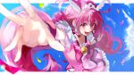  1girl :d blue_background blush bow bowtie brooch choker cloud commentary confetti cure_happy earrings hoshizora_miyuki jewelry long_hair looking_at_viewer magical_girl nani_(s2_nani) open_mouth outstretched_hand pink_bow pink_choker pink_eyes pink_hair pink_skirt pink_theme precure skirt sky smile smile_precure! solo tiara upper_body wing_hair_ornament wrist_cuffs 