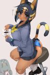  1girl :o absurdres animal_crossing animal_ears ankha_(animal_crossing) ass bad_anatomy black_eyes black_hair black_skirt blue_cardigan blue_panties bob_cut bow bowtie brewster_(animal_crossing) cardigan cat&#039;s_tongue chair coffee coffee_cup commentary_request cup dark-skinned_female dark_skin disposable_cup hair_ornament highres holding holding_cup holding_spoon jovejun long_sleeves looking_at_viewer panties pink_background plaid_neckwear school_uniform short_hair simple_background sitting skirt snake_hair_ornament spoon steam striped_tail tail underwear yellow_neckwear 