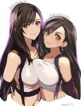  2girls asymmetrical_docking bangs breast_press breasts brown_hair closed_mouth collarbone commentary comparison crop_top dangle_earrings dated earrings elbow_gloves english_text eyebrows_visible_through_hair final_fantasy final_fantasy_vii final_fantasy_vii_remake gabu_(az210309) gloves jewelry large_breasts long_hair looking_at_viewer midriff multiple_girls navel red_eyes smile swept_bangs tank_top tifa_lockhart white_tank_top 