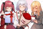  3girls :&gt; black_choker black_neckwear black_ribbon blush bouquet braid breasts cake choker closed_eyes closed_mouth detached_sleeves dress facing_viewer flower food french_braid fruit gift grey_dress grin happy_birthday happy_tears holding holding_bouquet holding_cake holding_food holding_gift hololive houshou_marine juliet_sleeves large_breasts long_hair long_sleeves mikan_(chipstar182) multiple_girls neck_ribbon off-shoulder_sweater off_shoulder pointy_ears puffy_sleeves red_dress red_flower red_hair red_rose ribbon rose sailor_collar sailor_dress shiranui_flare shirogane_noel shoulder_sash smile strawberry strawberry_shortcake sweater tears twintails virtual_youtuber white_sailor_collar white_sweater 