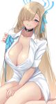  1girl :d absurdres asuna_(blue_archive) bare_legs black_choker blonde_hair blue_archive blue_bow blue_eyes blush bow breasts choker cleavage collarbone collared_shirt commentary_request dress_shirt eyes_visible_through_hair grin hair_bow hair_over_one_eye halo highres large_breasts long_hair looking_at_viewer mole mole_on_breast naked_shirt no_bra open_clothes open_mouth open_shirt oserotto partially_unbuttoned shirt short_sleeves simple_background sitting smile solo teeth very_long_hair white_background yokozuwari 