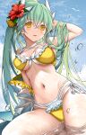  1girl :d arm_up armpits bangs bikini blue_sky blush breasts chinese_clothes cleavage commentary_request day eyebrows_visible_through_hair fate/grand_order fate_(series) flower frilled_bikini frills front-tie_bikini front-tie_top green_hair hair_between_eyes hair_flower hair_ornament hand_in_hair hibiscus highres horns kiyohime_(fate) kiyohime_(swimsuit_lancer)_(fate) layered_bikini long_hair looking_at_viewer medium_breasts morizono_shiki navel open_mouth outdoors red_flower ribbon shallow_water side-tie_bikini sitting sky smile solo stomach swimsuit thighs very_long_hair water water_drop wet white_ribbon yellow_bikini yellow_eyes 