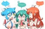  3girls bikini blue_eyes blue_hair blue_swimsuit breasts chibi cleavage fang flat_chest flying_sweatdrops food green_bikini green_eyes green_hair heterochromia highres large_breasts long_hair looking_at_another mole mole_on_breast multiple_girls navel open_mouth original pink_eyes popsicle raban2950 red_bikini red_hair short_hair short_ponytail skin_fang slingshot_swimsuit swimsuit watermelon_bar 