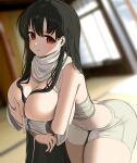  1girl absurdres arm_under_breasts bangs black_hair blurry blurry_background blush breasts brown_eyes closed_mouth covering covering_breasts cowboy_shot depth_of_field dutch_angle eyebrows_visible_through_hair hair_between_eyes hair_over_breasts highres huge_breasts indoors iwato_kasumi leaning_forward long_hair looking_at_viewer nicorima ninja revealing_clothes saki scarf shorts solo tatami thick_thighs thighs very_long_hair white_scarf 